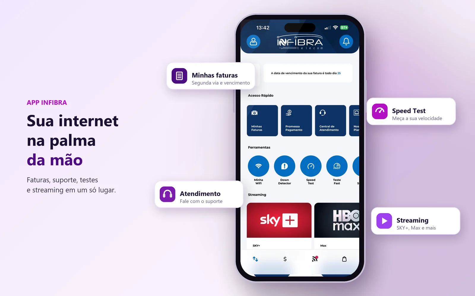 App da Infibra Telecom aberto no celular, com faturas, Speed Test, central de atendimento e streaming