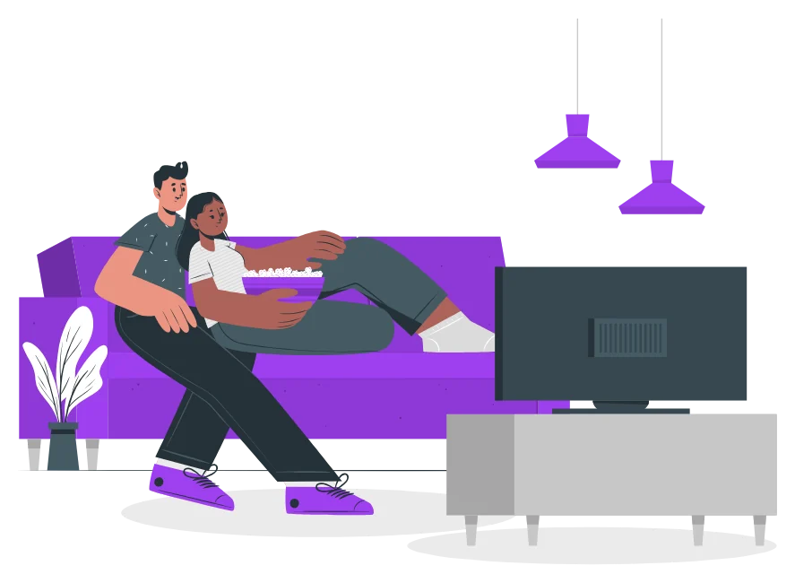 Casal assistindo série no sofá com os apps inclusos na internet Infibra