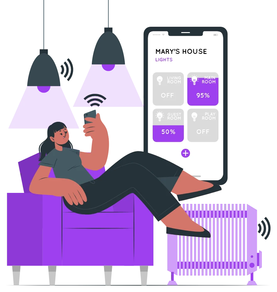 Mulher em Jundiaí controlando a casa conectada pelo celular com Wi-Fi
