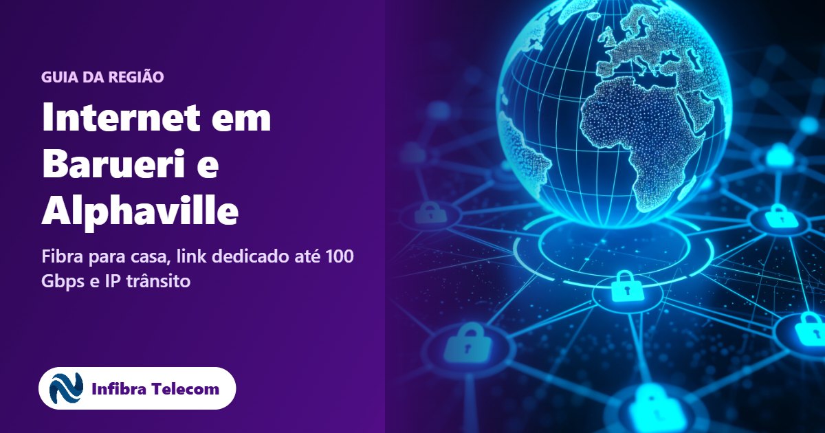 Ilustração de rede conectada ao globo com o título Internet em Barueri e Alphaville, da Infibra Telecom