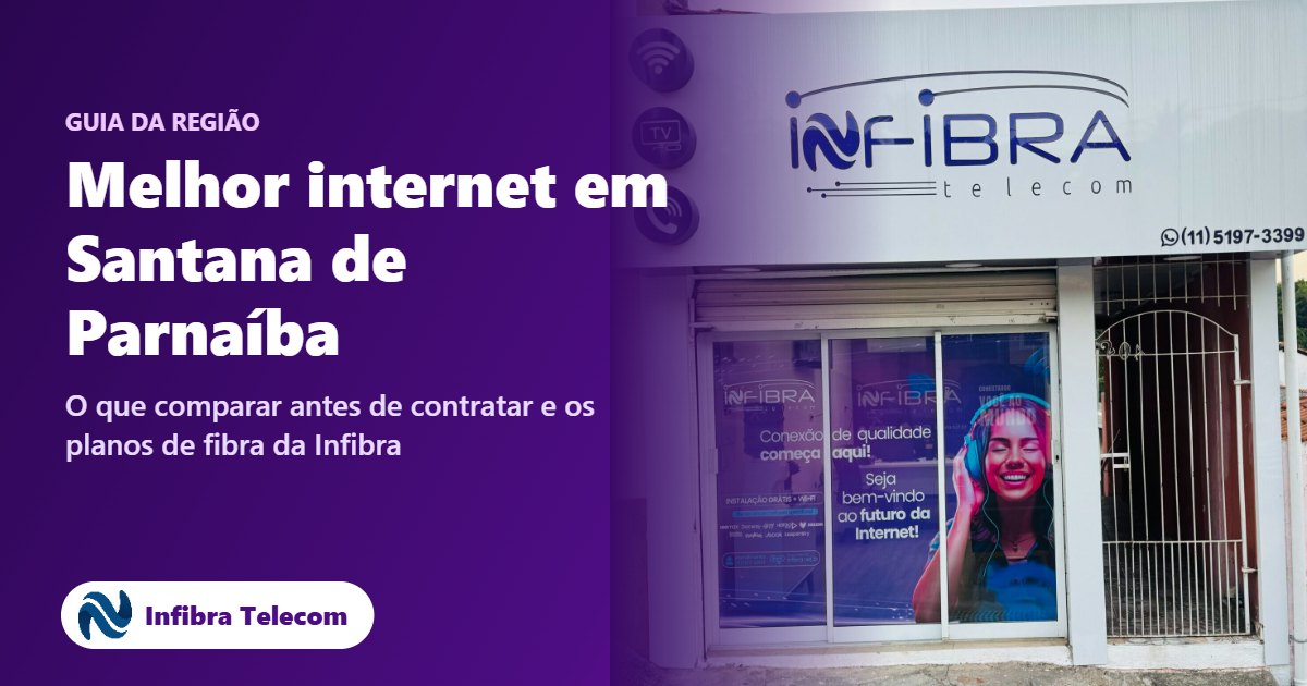 Fachada da loja da Infibra Telecom no Centro de Santana de Parnaíba, com o título Melhor internet em Santana de Parnaíba